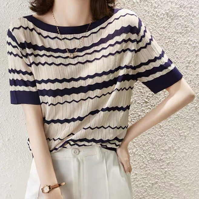ATTERLIC 女款大尺碼Z字形條紋短袖針織衫 14232