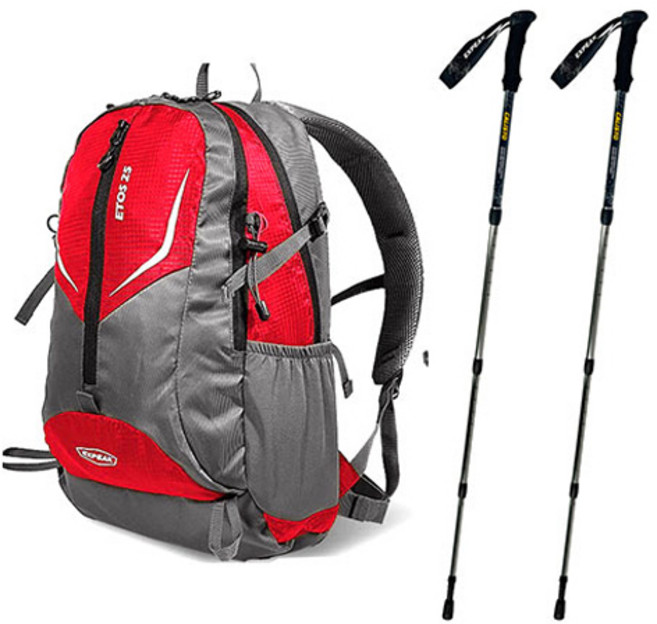 엑스피크 고급형 에토스 배낭 25L + 레인커버 + 칼리스토 4단 등산스틱 2p 세트, 레드(배낭), 랜덤발송(커버), 아이언그레이(스틱)