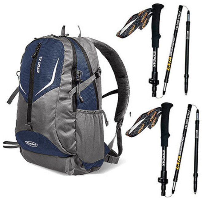 엑스피크 고급형 에토스 배낭 25L + 레인커버 + 엑시아 5단 등산스틱 2p 세트, 네이비(배낭), 랜덤발송(커버)