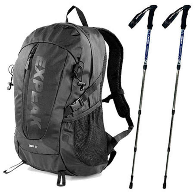 엑스피크 고급형 디아즈 배낭 27L + 배낭커버 + 칼리스토 4단 등산스틱 2p 세트, 블랙(배낭, 커버), 로얄블루(스틱)