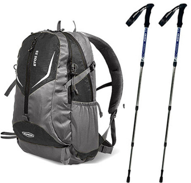 엑스피크 고급형 에토스 배낭 25L + 레인커버 + 칼리스토 4단 등산스틱 2p 세트, 블랙(배낭), 랜덤발송(커버), 로얄블루(스틱)