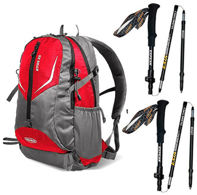 엑스피크 고급형 에토스 배낭 25L + 레인커버 + 엑시아 5단 등산스틱 2p 세트, 레드(배낭), 랜덤발송(커버)
