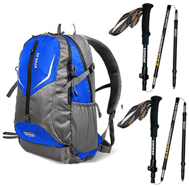 엑스피크 고급형 에토스 배낭 25L + 레인커버 + 엑시아 5단 등산스틱 2p 세트, 블루(배낭), 랜덤발송(커버)