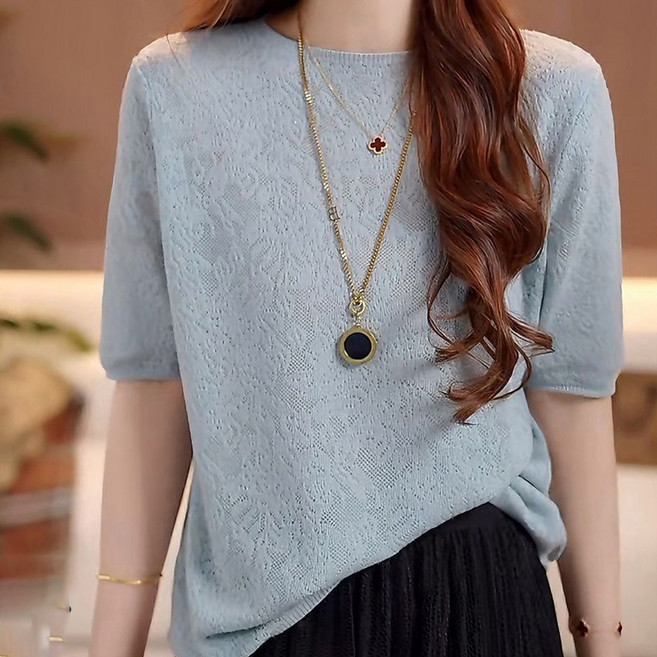 페이퍼먼츠 여성용 라운드넥 엠보 펀칭 니트 티셔츠 22765