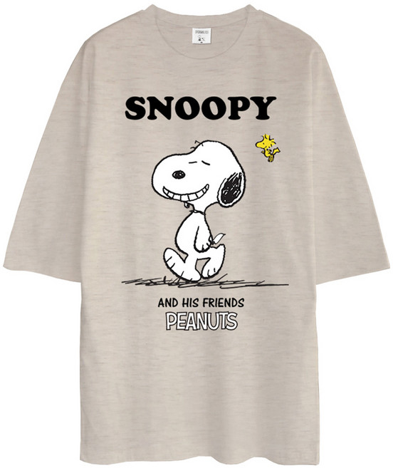 Moon Collection 男女通用五分袖寬鬆版型微笑史努比透氣短袖T恤, 燕麥色