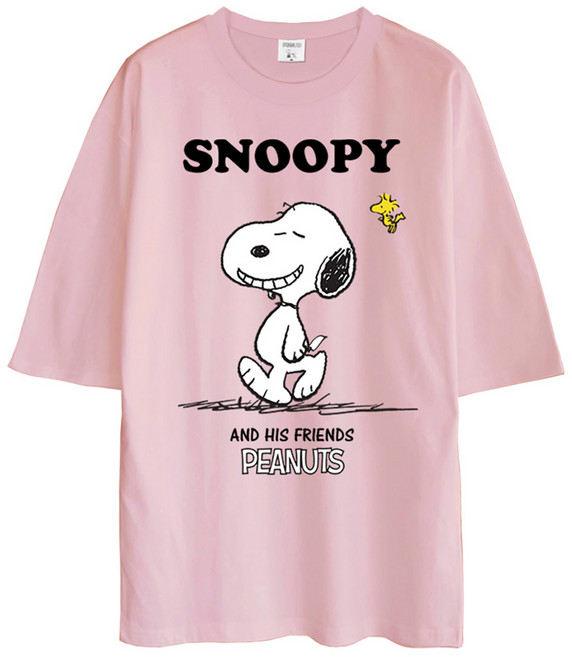 문컬렉션 남녀공용 5부 오버핏 스마일스누피 통기성 반팔 티셔츠