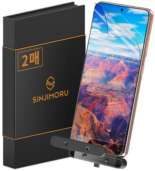 신지모루 쉬운부착 PET 풀커버 복원 휴대폰 액정보호필름 2p 세트, 1세트