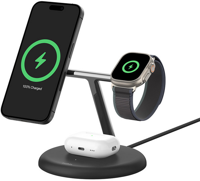 벨킨 부스트업 프로 Qi2 15W 3in1 마그네틱 무선 충전 스탠드 WIZ023kr, 블랙(WIZ023krBK), 1개