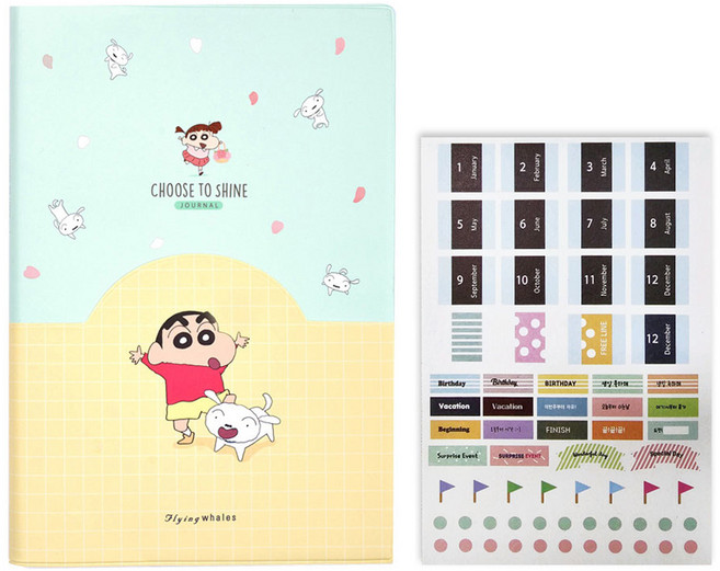 플라잉웨일즈 짱구 포켓 다이어리 + 스티커 세트 만년형, 꽃비, 1세트