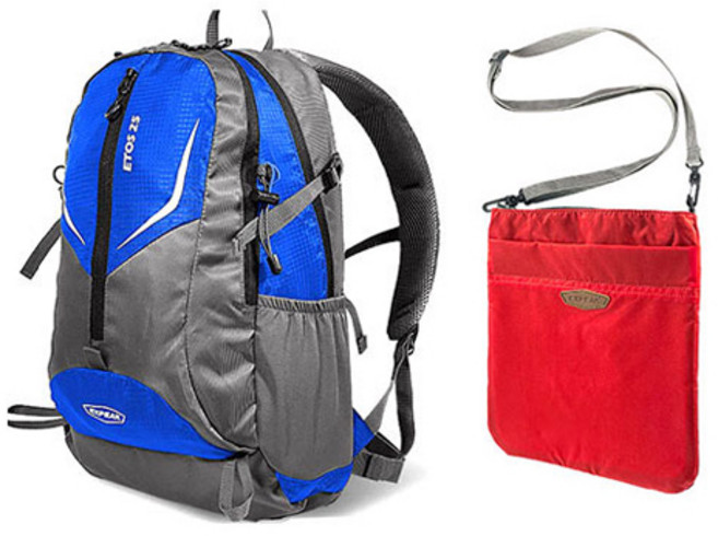 엑스피크 고급형 에토스 배낭 25L + 레인커버 + 플랫 샤코슈 보조가방 세트, 블루(배낭), 랜덤발송(커버), 레드(가방)