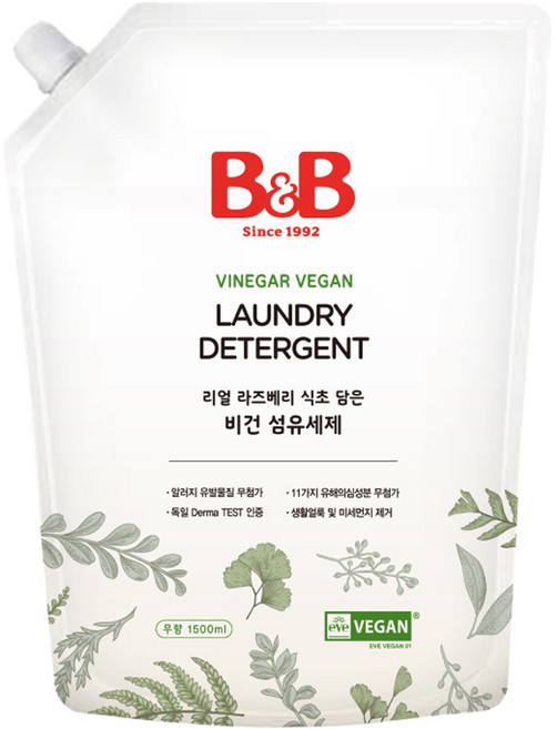비앤비 리얼 라즈베리 식초 담은 비건 섬유세제 무향 리필, 1.5L, 1개