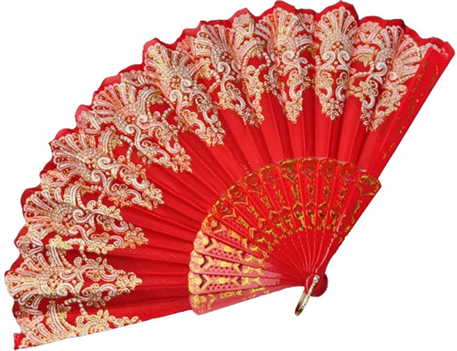 모어블 금박 레이스 화려한 부채, 레드, 1개