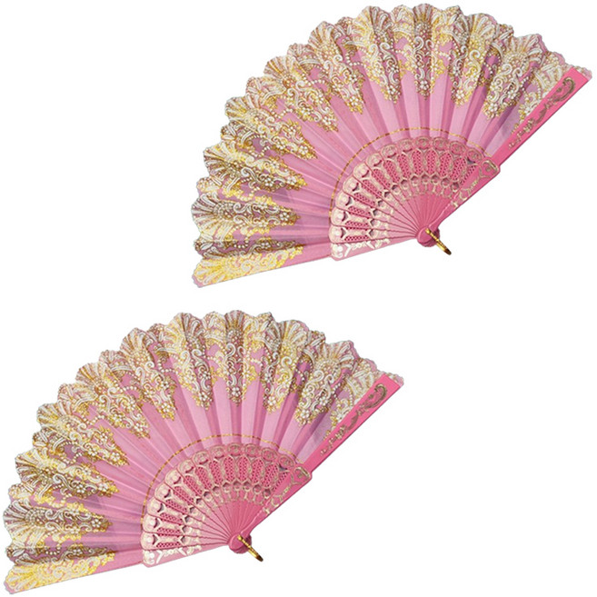 모어블 금박 레이스 화려한 부채, 핑크, 2개