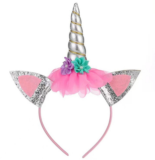 Mii Mii Party 動物派對生日遊樂園運動會髮箍, 獨角獸 粉色 + 銀色, 1個