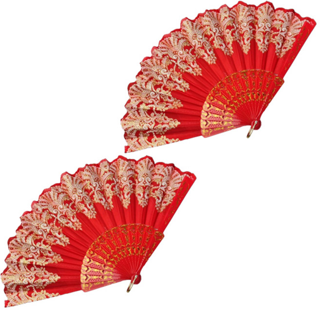 모어블 금박 레이스 화려한 부채, 레드, 2개