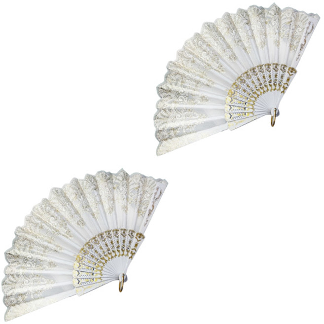 모어블 금박 레이스 화려한 부채, 화이트, 2개