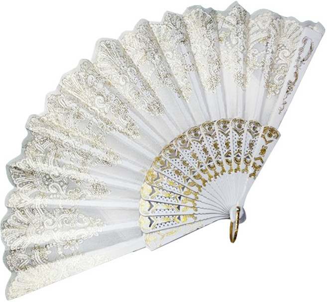 모어블 금박 레이스 화려한 부채, 화이트, 1개