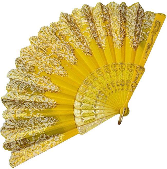모어블 금박 레이스 화려한 부채, 옐로우, 1개