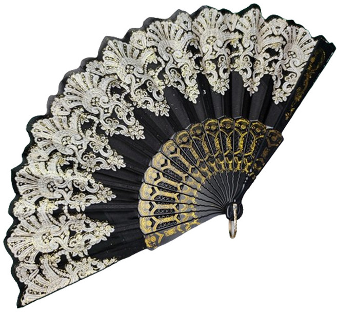 모어블 금박 레이스 화려한 부채, 블랙, 1개