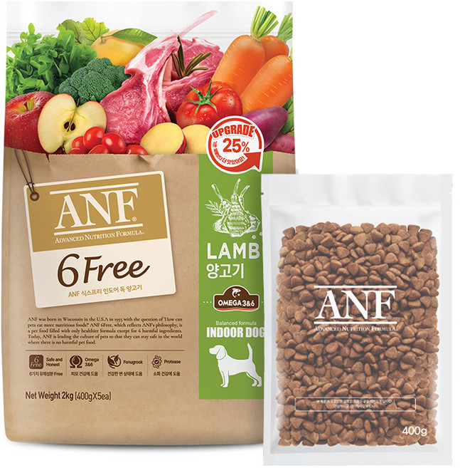 ANF 생후 4개월 이상 인도어 독 식스프리 건식사료, 양, 2kg, 1개