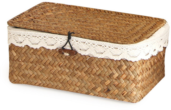 공간안애 뚜껑 사각 라탄바구니 + 커버 세트, 네츄럴, 1세트