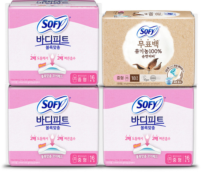 쏘피 볼록맞춤 생리대 16p x 3팩 + 쏘피 내추럴컬러 생리대 18p 세트 날개형, 중형, 1세트