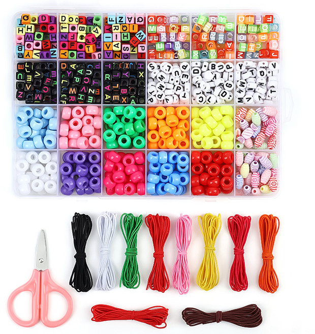코히모 시드 공예 재료 만들기 팔찌 아크릴 이니셜 비즈 24종 + 컬러 밴드줄 10p + 가위 세트 3W267, 1세트, 혼합색상
