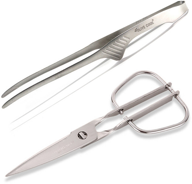 리빙아트 올스텐 분리형 고기 가위 + 올스텐 304 핀셋집게 세트, 실버, 1세트