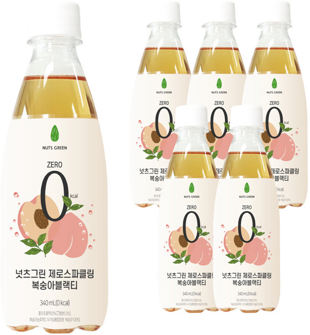 넛츠그린 제로스파클링 복숭아블랙티, 340ml, 6개