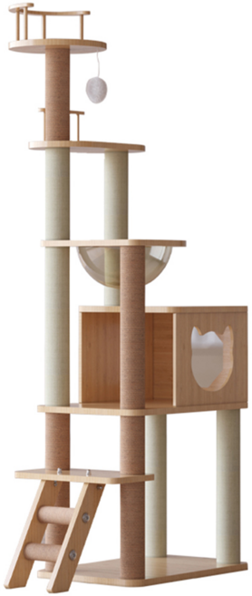 AOYI 奧藝 復古風大型太空艙木質貓跳台 聚酯纖維+黃麻繩+牛津布+MDF板材 尺寸60*70*175cm, 原木色 + 白色, 1個