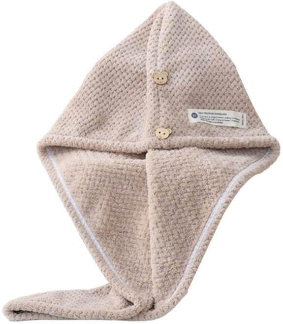 다정다감 빨리 마르는 극세사 투버튼 헤어터번 샤워머리타올 26 x 65 cm, 브라운, 1개