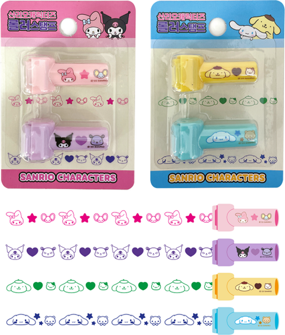 그린피앤에스 산리오캐릭터즈 롤러스탬프 시나모롤 폼폼푸린 2종 + 마이멜로디 쿠로미 2종 세트, 초록색, 파란색, 분홍색, 보라색, 1세트