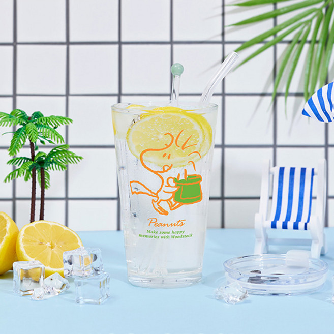 보퀴진 스누피 리유저블 내열 유리 콜드컵 텀블러 500ml + 빨대 + 머들러 세트, 우드스탁(텀블러), 랜덤발송(머들러), 1세트