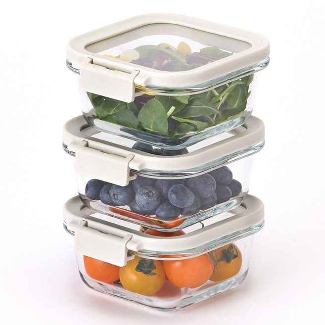 네오플램 코모도 내열유리 정사각 밀폐용기, 3개, 320ml