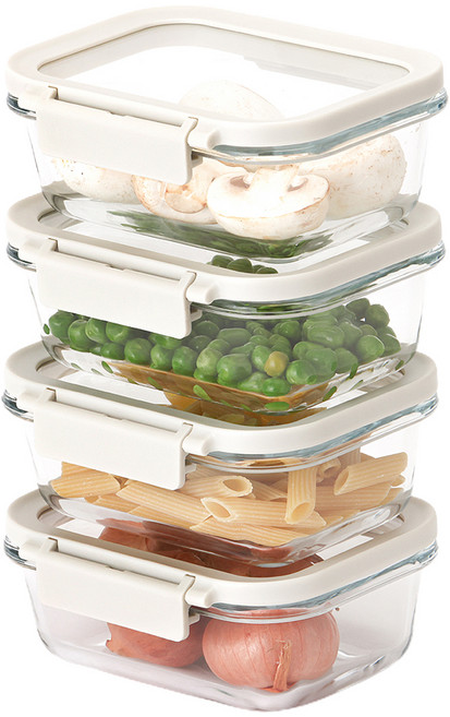 네오플램 코모도 내열유리 직사각 밀폐용기, 4개, 370ml