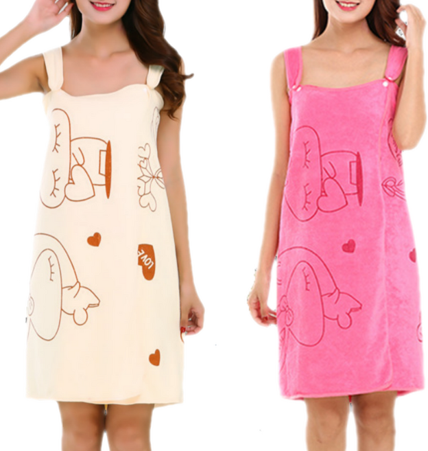 다정다감 토끼 샤워가운 타올 2종 세트 80 x 135 cm, 핑크 + 크림, 1세트