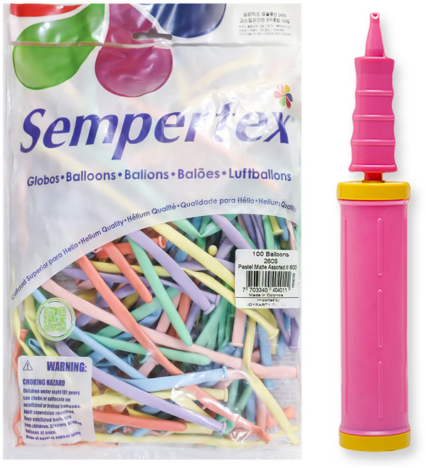 Joy Party Sempertex Pastel Mate 魔術氣球 260S 100入 + 手動打氣筒組合, 混合色(氣球), 粉紅色(手動打氣筒), 1套
