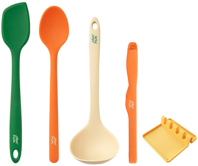 잼먹 국내 제조 실리콘 이유식 조리도구 5종 세트, 스파츌라 + 집게 + 요리스푼 + 국자 + 거치대, 1세트, J세트