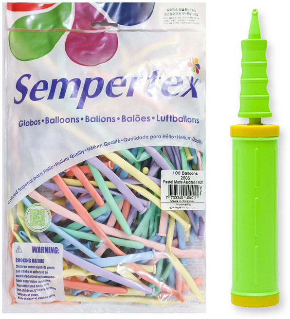 Joy Party Sempertex Pastel Mate 魔術氣球 260S 100入 + 手動打氣筒組合, 混合色(氣球), 萊姆綠(手動打氣筒), 1套