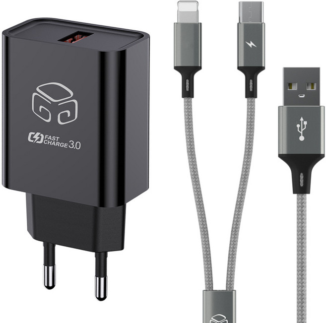 디지지 18W USB 고속충전기 + 2 in 1 C타입 8핀 2라인 고속충전 멀티케이블 120cm 세트, 블랙(충전기), 메탈실버(케이블), 1세트