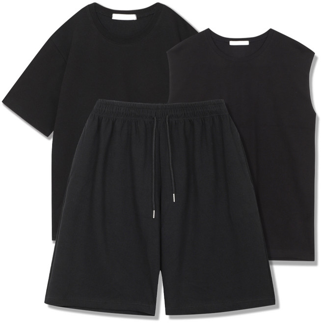 일루소 남성용 WD 특양면 오버핏 반팔 티셔츠 + 민소매 티셔츠 + 트레이닝 반바지 세트