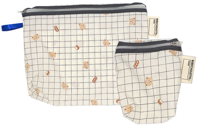 베베슈에뜨 유아용 방수 약 + 도시락 파우치 세트, 아이보리곰돌