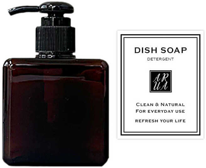 아루아 욕실 주방 사각 디스펜서 일반펌프 250ml + 주방 세제 스티커 세트, 1세트, 브라운