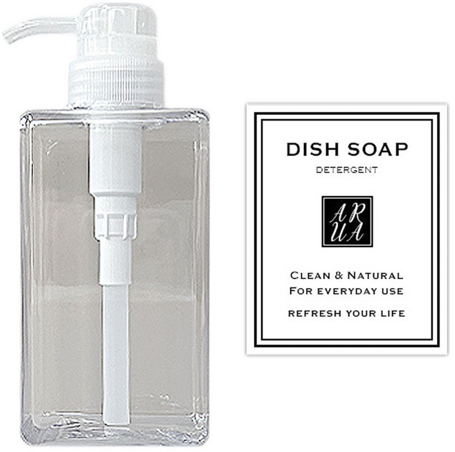 아루아 욕실 주방 사각 디스펜서 일반펌프 450ml + 세제 스티커 세트, 1세트, 투명