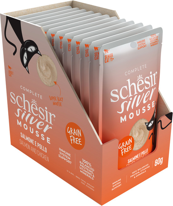 스케지어 노령묘용 쉐지애 실버 무스 연어 고양이 주식 파우치, 80g, 12개