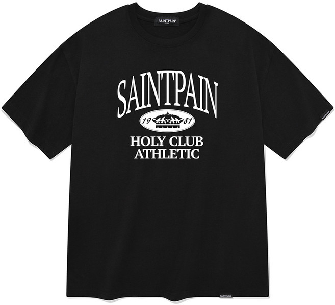 saintpain 男女通用透氣皇冠Saint棉質短袖T恤, 黑色