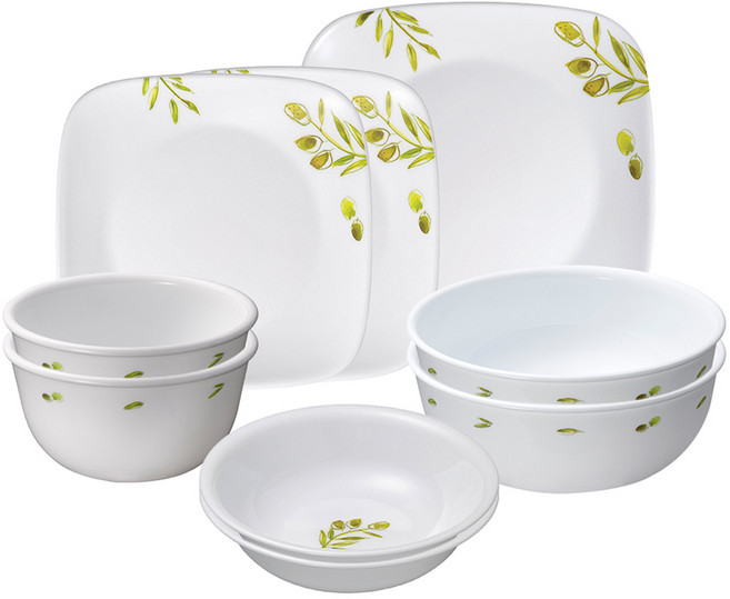 코렐 올리브 가든 사각 2인 한식기 세트 9p, 화이트, 한국형밥공기 2p + 국대접 2p + 앞접시 2p + 사각접시 소 2p + 중, 1세트