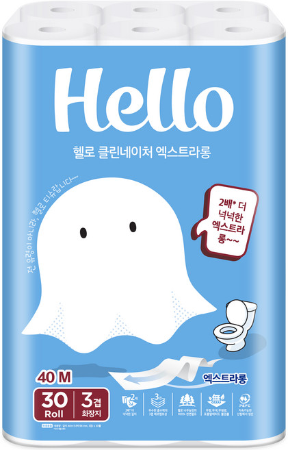 헬로 클린네이처 엑스트라롱 천연펄프 3겹 고급롤화장지, 40m, 30개입, 1개
