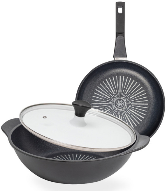 인터쿡 클래식 후라이팬 3종 세트, 후라이팬 24cm + 파티웍 28cm + 유리뚜껑, 1세트