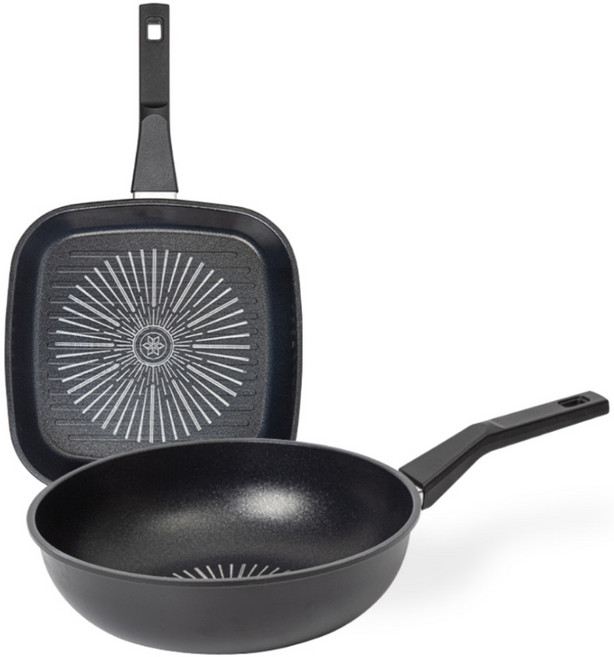 인터쿡 클래식 후라이팬 세트 2개, 블랙, 1세트, 사각팬 27cm + 궁중팬 28cm